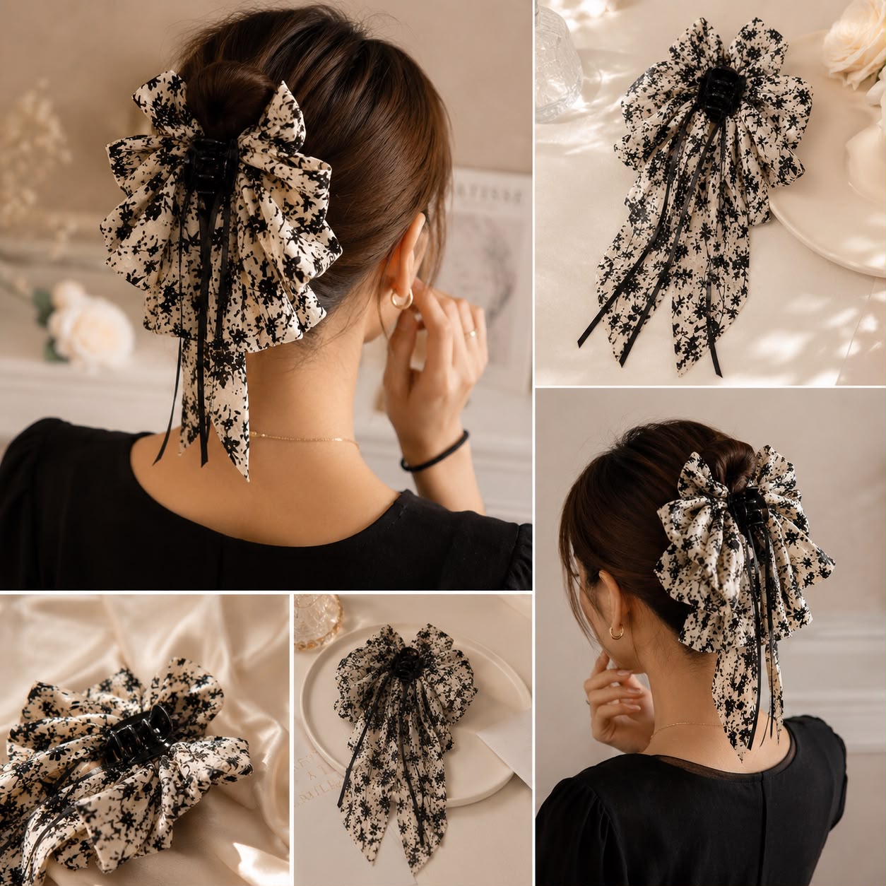 Midnight Floral Bowknot Claw