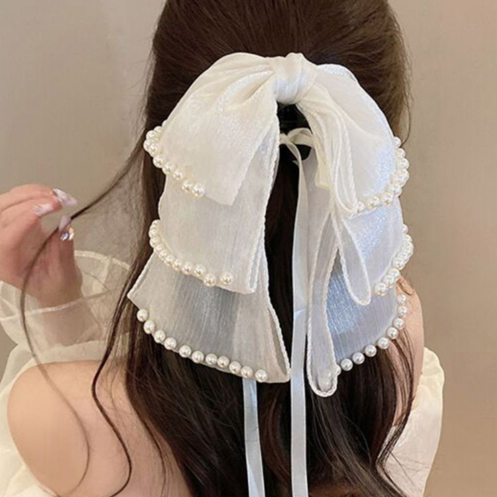 Pearl-Embellished Bow Ribbon Bowknot Claw