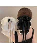 Pearl-Embellished Bow Ribbon Bowknot Claw