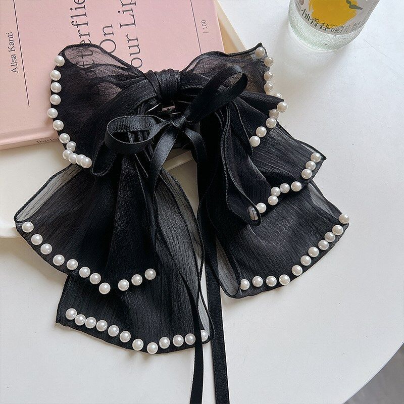 Pearl-Embellished Bow Ribbon Bowknot Claw