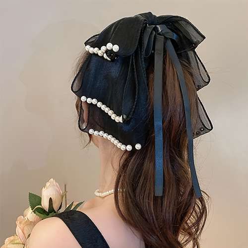 Pearl-Embellished Bow Ribbon Bowknot Claw
