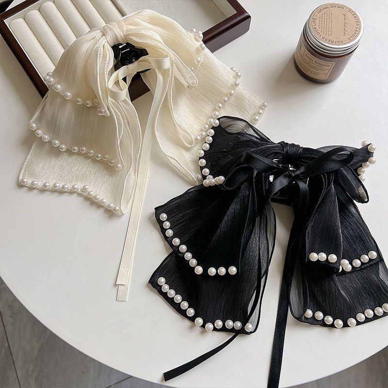 Pearl-Embellished Bow Ribbon Bowknot Claw