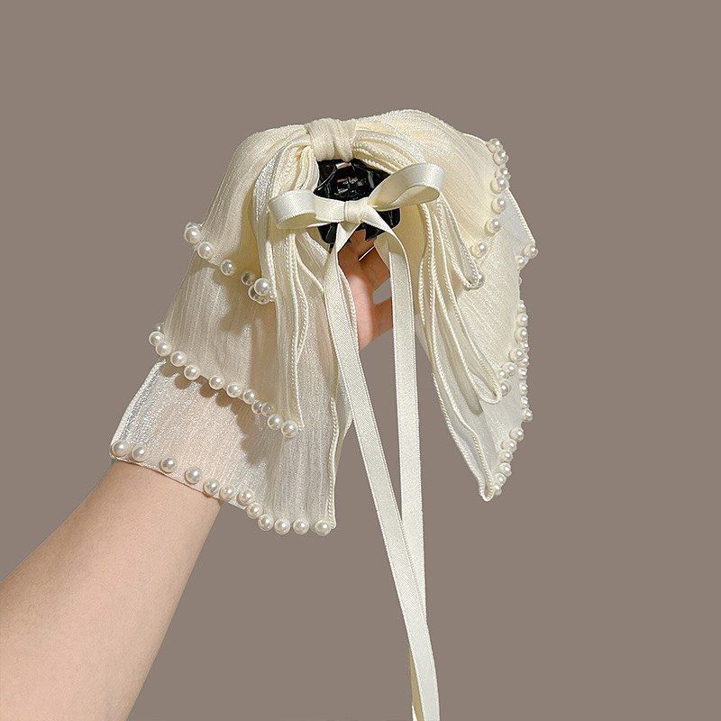 Pearl-Embellished Bow Ribbon Bowknot Claw