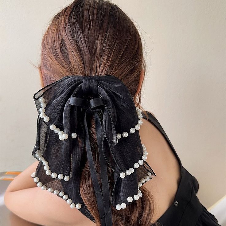 Pearl-Embellished Bow Ribbon Bowknot Claw